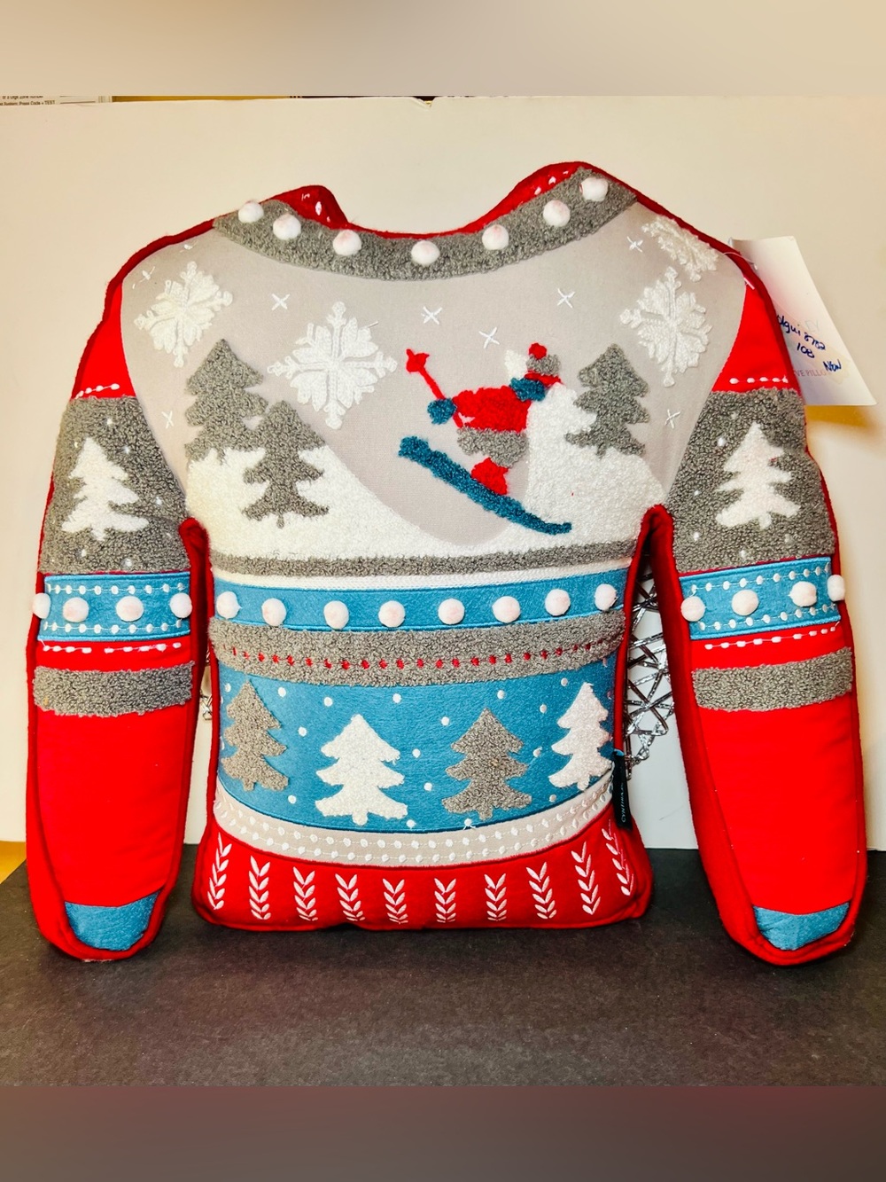 Winter Holiday Ski Sweater Shaped Throw Pillow Skier Trees Snowflakes Christmas